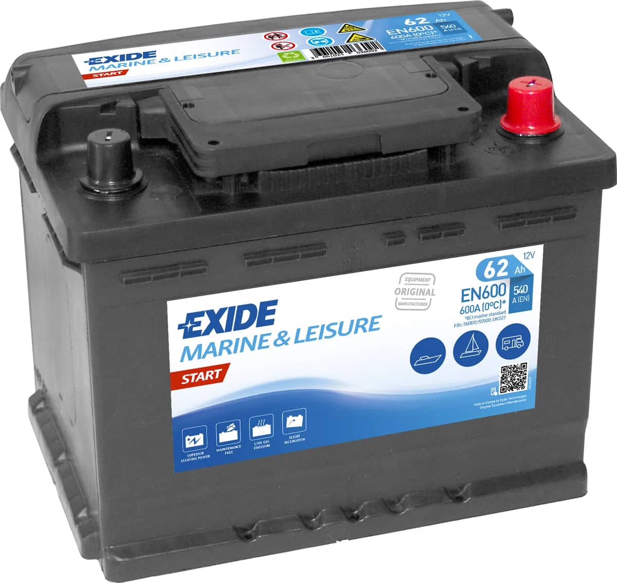Exide EN600 ( 027 ) Start Marine and Multifit Leisure Battery 62Ah 540cca   EN600