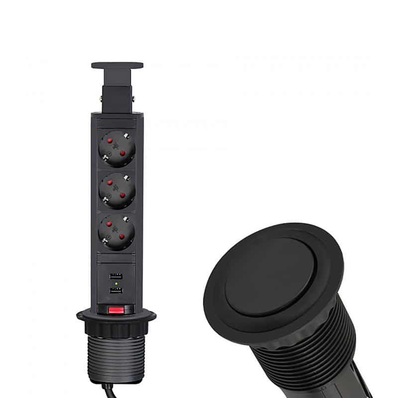LIFTBOX Black 3x Schuko Socket 2x USB 1.8m Cable   LIFTBOX-CZ-3DE-U-01
